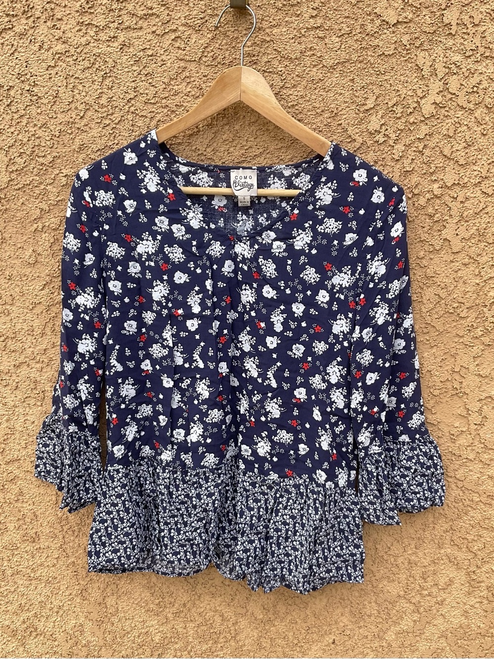 Boho Peasant Small Top Blouse 3/4 Sleeve Navy Blue White Floral